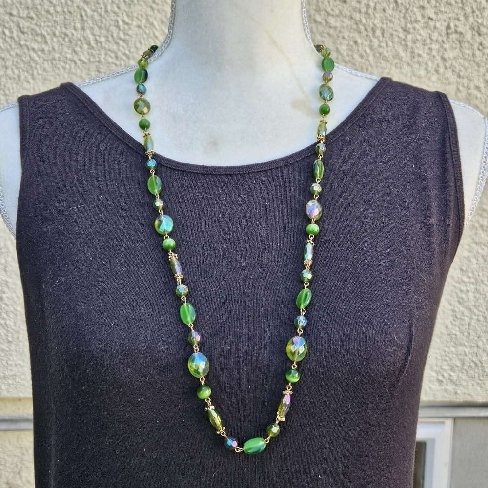 long iridescent green and gold tone beaded toggle necklace